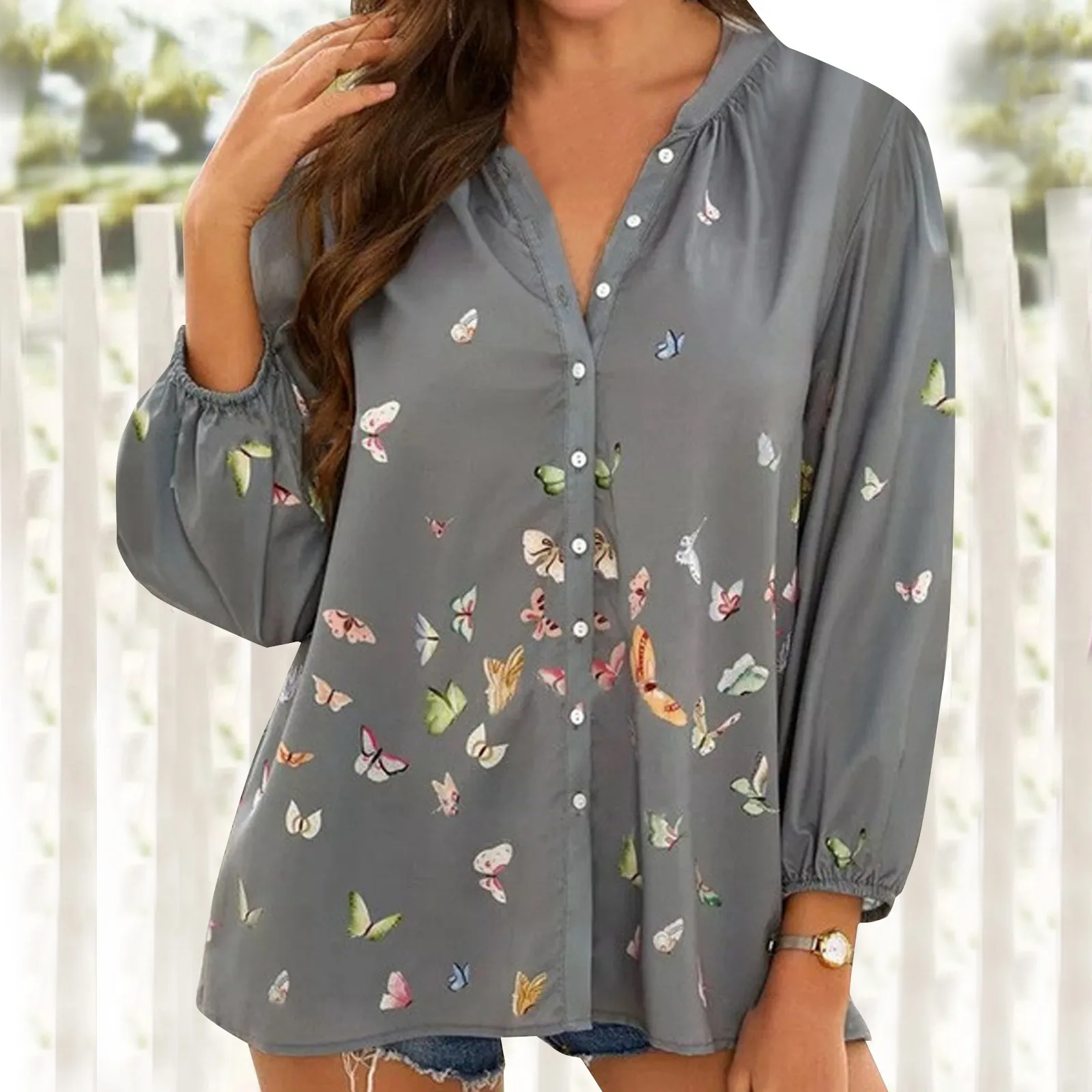 

1PCS Fashionable Adult Womens Coat Winter Leisure Butterfly Printing Elegant Long Sleeve V-Neck Multiple Styles Loose Tops