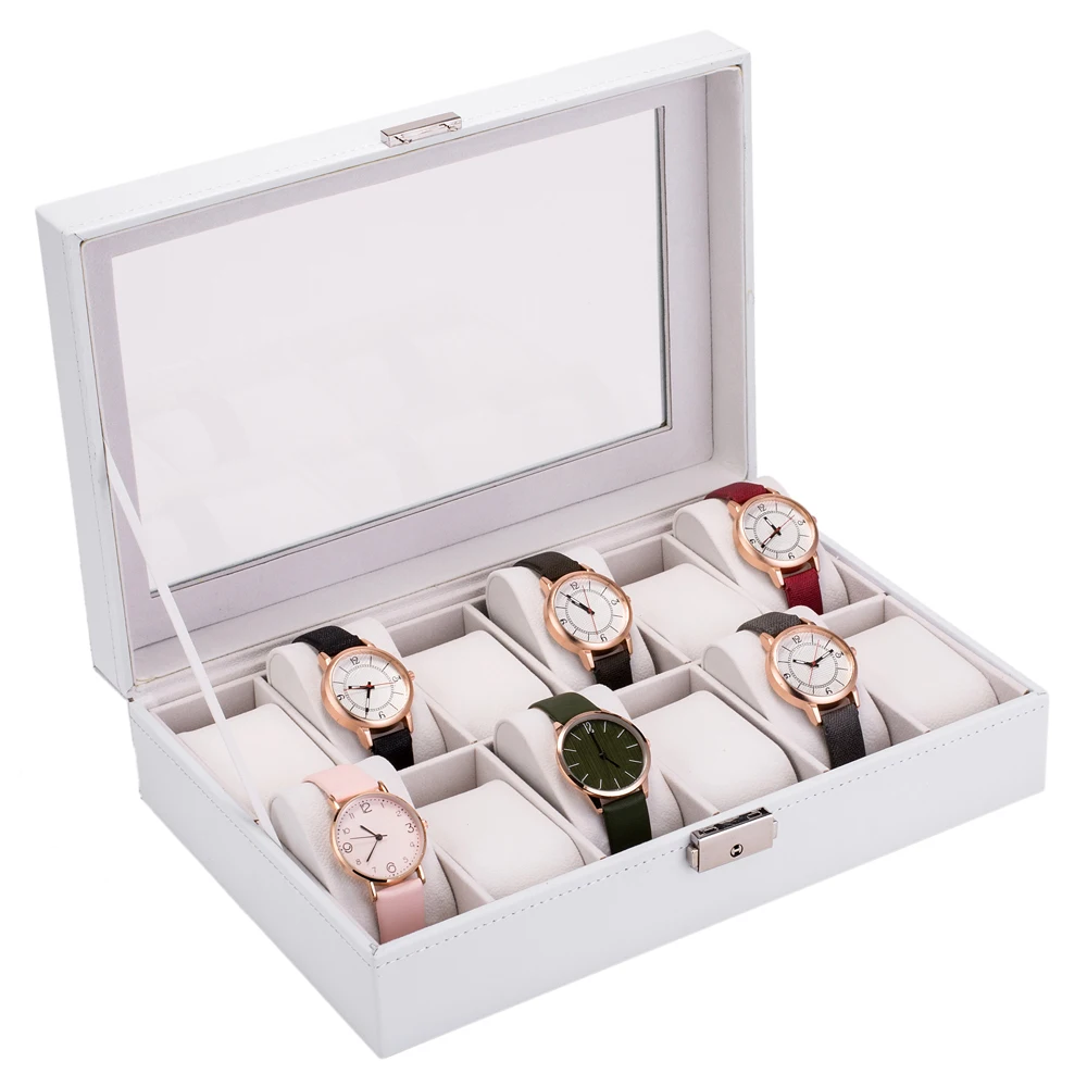 

Watch Box 12 Slots Watch Case for Men Women Leather Watch Organizer Holder Display Storage Case with Glass Lid White