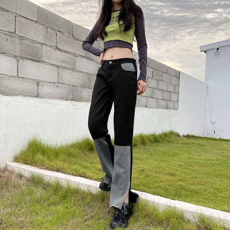

Vintage Women's Patchwork Jeans Streetwear Harajuku High Waisted Baggy Denim y2k Pants Aesthetic Split Trousers Cuteandpsycho