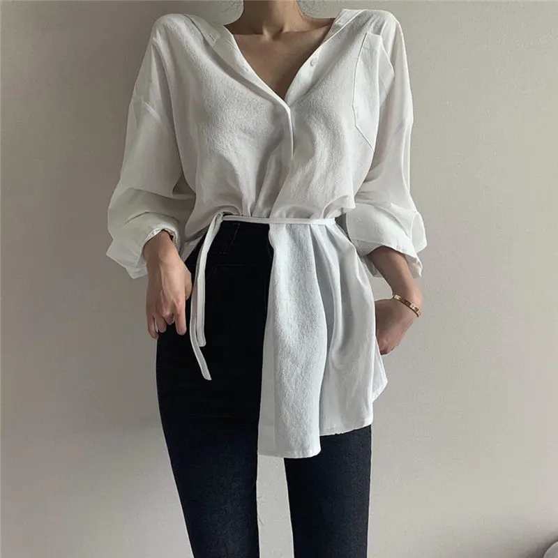 

White Irregular New Lace-Up Full-Sleeved Hot Loose Casual Office Lady All-Match Brief Stylish Women Simple Solid Shirts