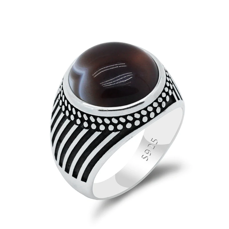 

Male 925 Sterling Silver Ring For Men Natural Agate Stone Simple Design Classic Style Fashion Wedding/Party Ring Jewelry Gift