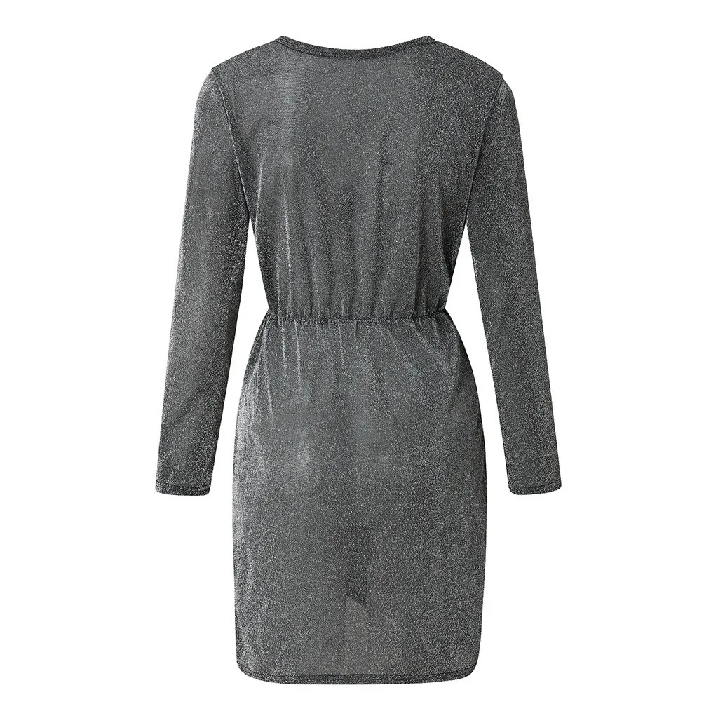 Зимнее сексуальное блестящее платье Дамское мини с v образным вырезом и длинным