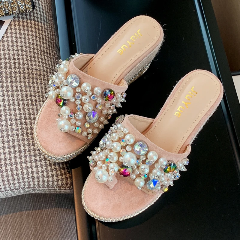 

One-word slippers summer new sweet pearl beaded wedges with thick-soled super high heel ladies sandals