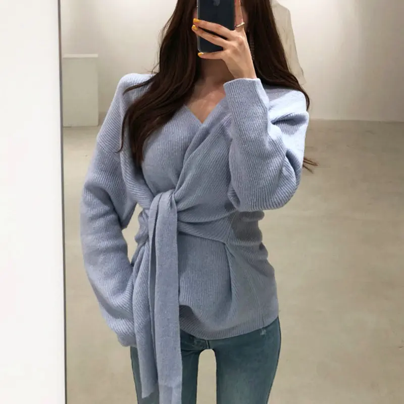 Корейская мода женские свитера новинка 2019 Осень зима темперамент v образный