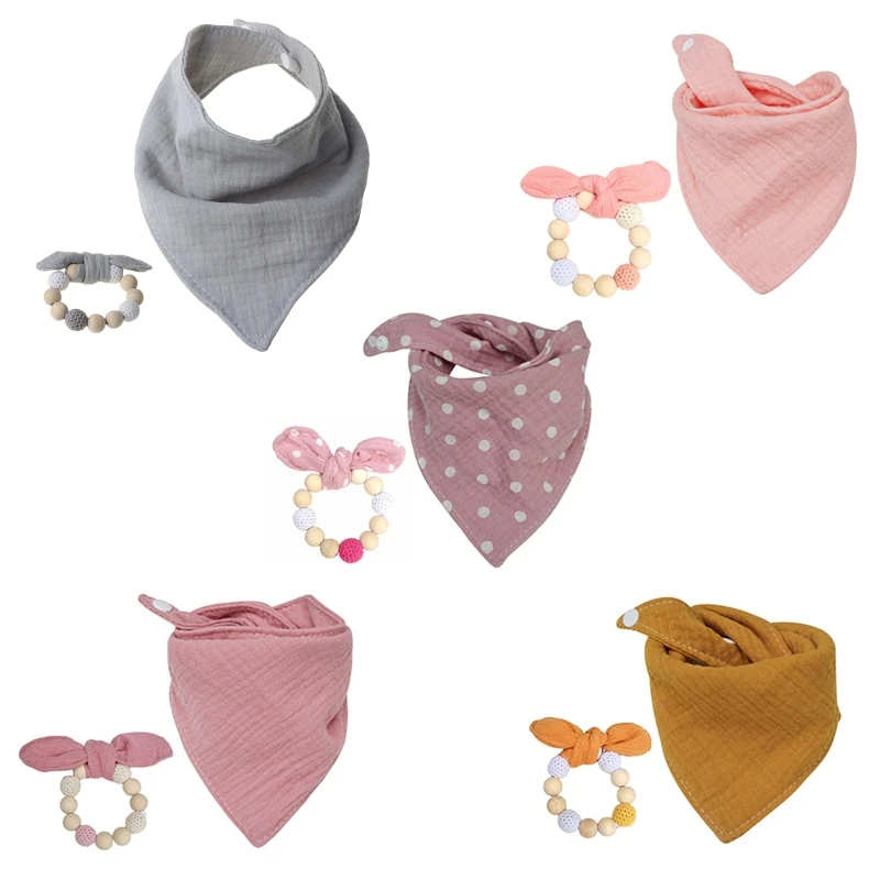 

2Pcs Baby Cotton Bibs Wooden Wristband Teether Saliva Towel Triangle Scarf Toy