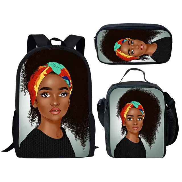 

Black Women American African Girl Print Cute Student Backpack 3 In 1 School Bags Box Pencil Case Teens Bookbag Set