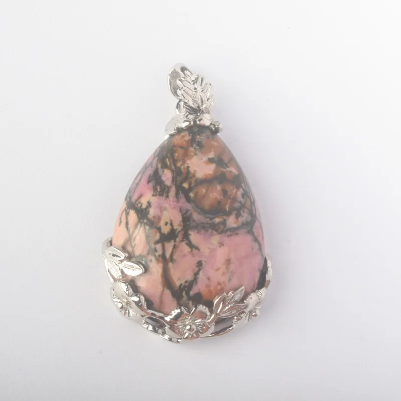 Rhodonite Подарок Лапис Родонит Фиолетовый Кристалл авантюрин опал сердолик, оникс Розовый кварцевый кристалл каплевидный инкрустированный кулон с цветком из сплава 1 шт - Окраска металла: Rhodonite