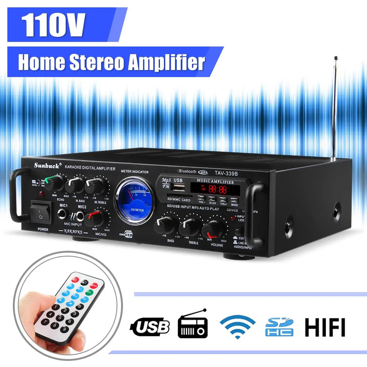 

110V 600W Bluetooth Power Stereo Amplifier HIFI VU Meter FM 2CH USB SD Karaoke Home Amplifiers Theater Digital Amp Car Audio