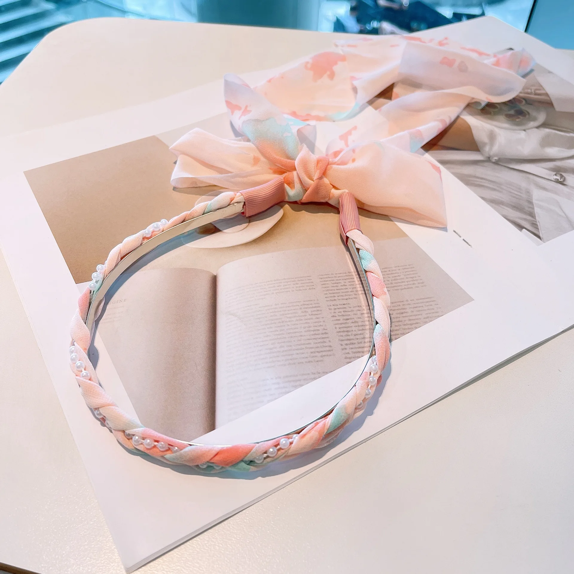 Сетчатая пряжа жемчужная шпилька для волос чернильная роспись широкополая лента