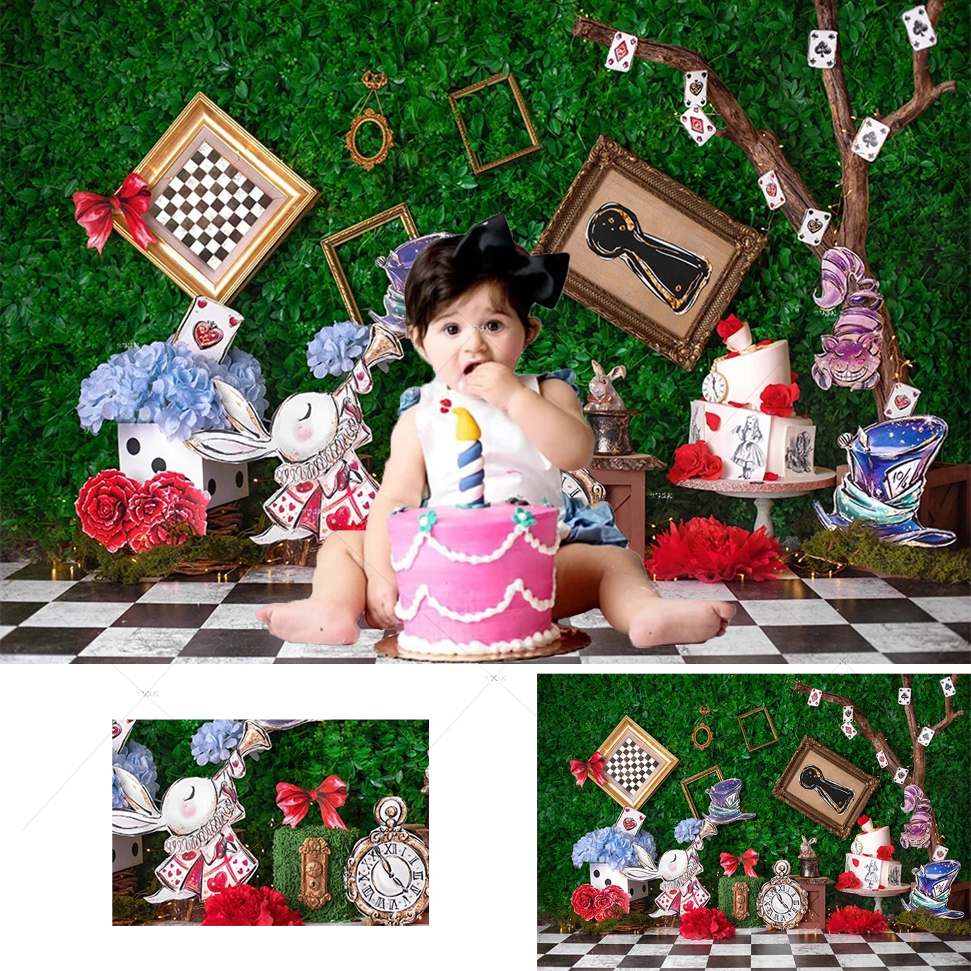 

Fairy Wonderland Hat Rabbit Flower Green Leaves Wall Photography Backdrop 1st Birthday Cake Smash Baby Portrait Photo Background