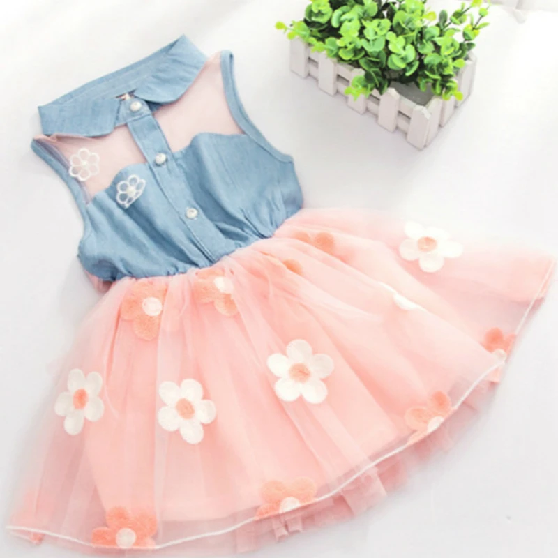 Платье для маленьких девочек Новинка лета 2020 джинсовое Сетчатое платье жилет в