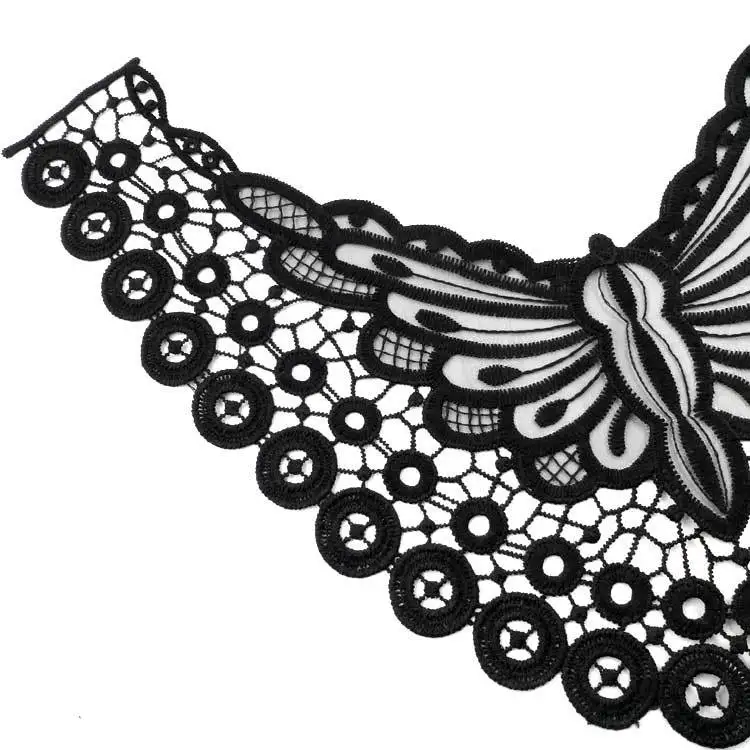 Черный хлопок Вышивка Цветы Кружева аппликация декольте Воротник отделка