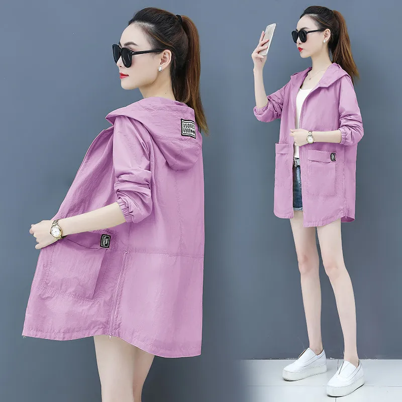 

Summer Sun Protection Clothing Women's Jacket New Fashion Hooded Thin Mid long Coat Large Size Breathable Ladies Sun Overcoat 40