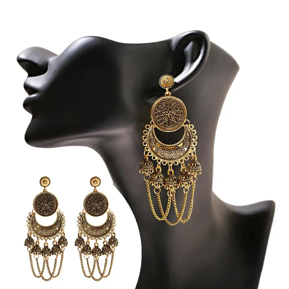 

2023 New Women's Indian Earring Gypsy Jewelry Handmade Antique Gold Color Lotus Carved Big Bell Tassel Drop Earrings Kolczyki