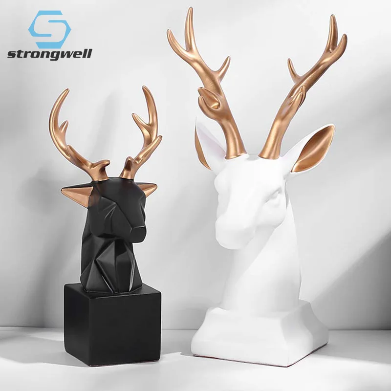Strongwell Nordic Geometric Deer Head Sculpture Modern Art Ornaments Creative Resin Crafts Home Decoration Wedding Gift
