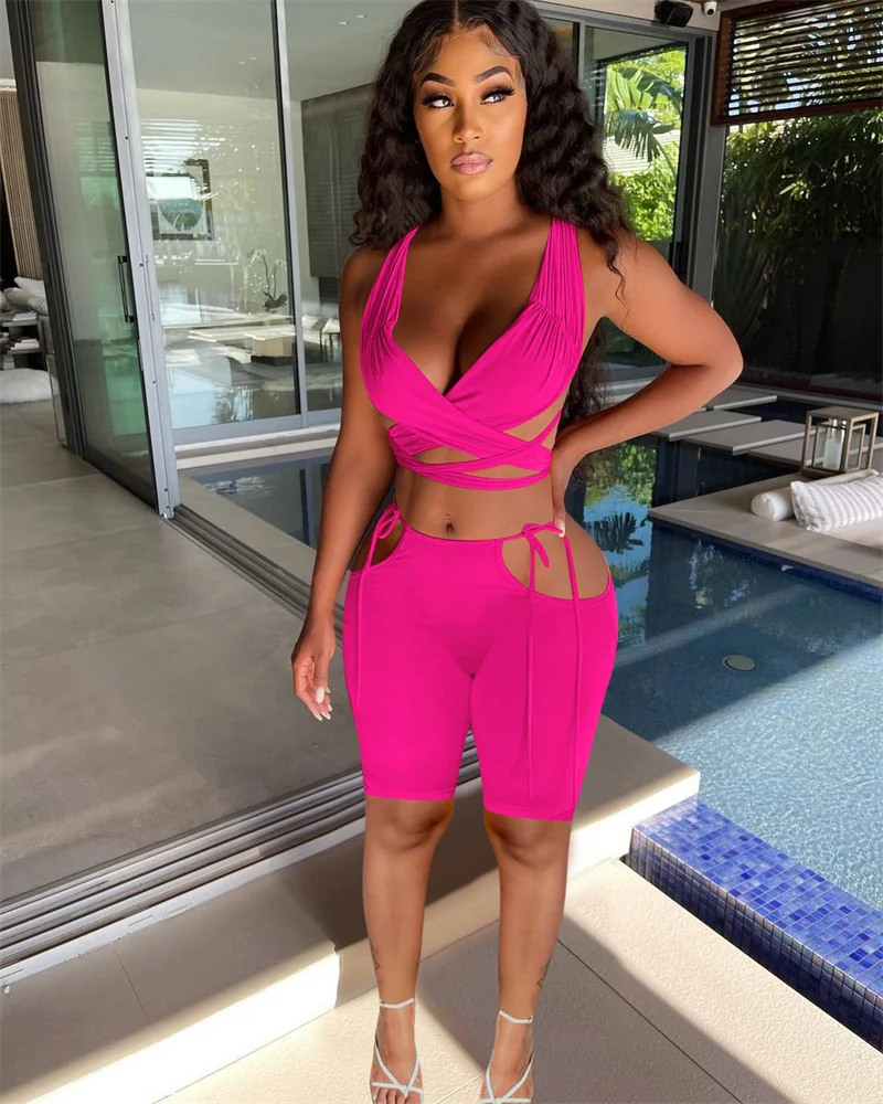 

Adogirl Drop Ship Wholesale Women Solid Two Piece Set Suit Cross V Neck Sleeveless Crop Top Lace Up Cutout Shorts Tracksuit