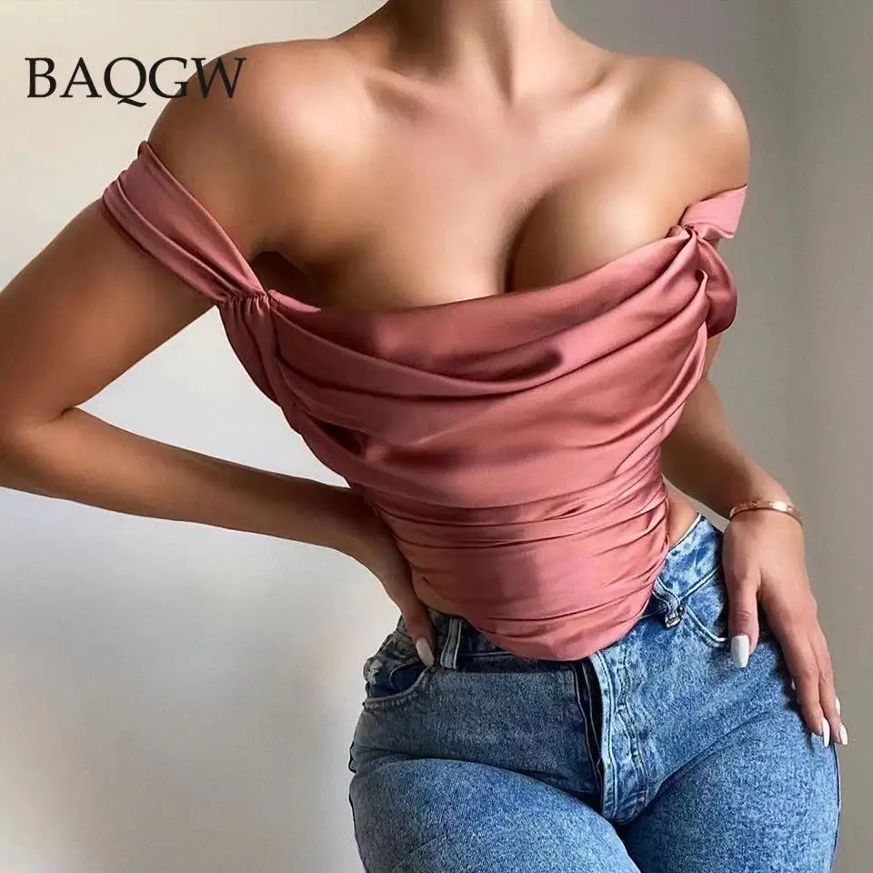 

Summer Draped Satin Corset Tops Solid Women Sexy Outfits Ladies Sexy Party Club Clothes Fashion Ruched Irregular Cut Crop Top