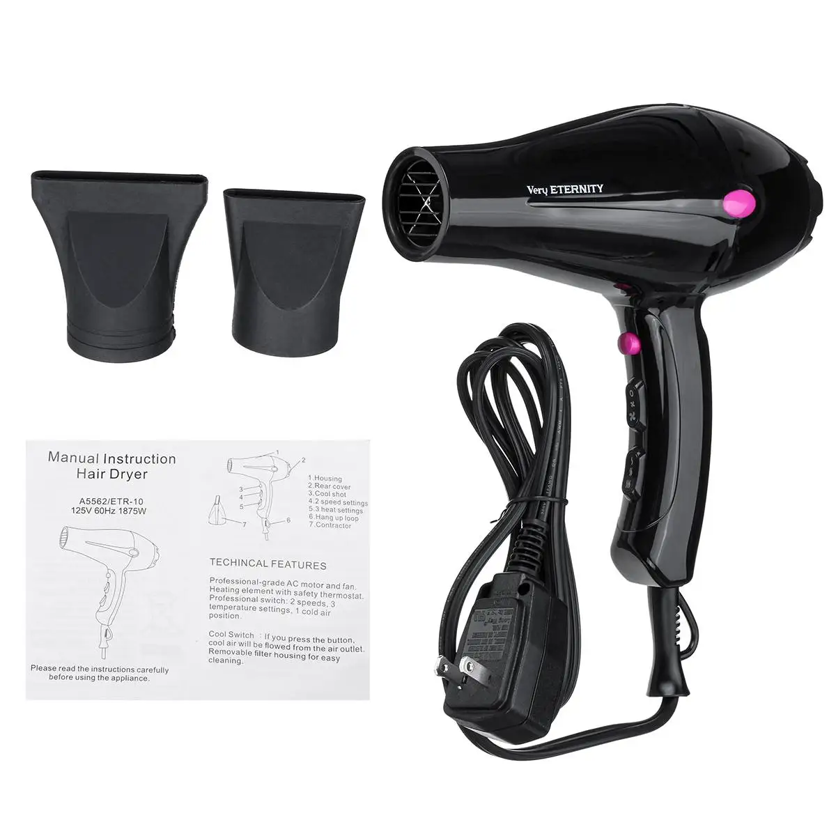

Professional Hair Dryer Strong Power Barber Salon Styling Tools Hot/Cold Air Blow Dryer with 3 Speed Adjustment US Plug 110V