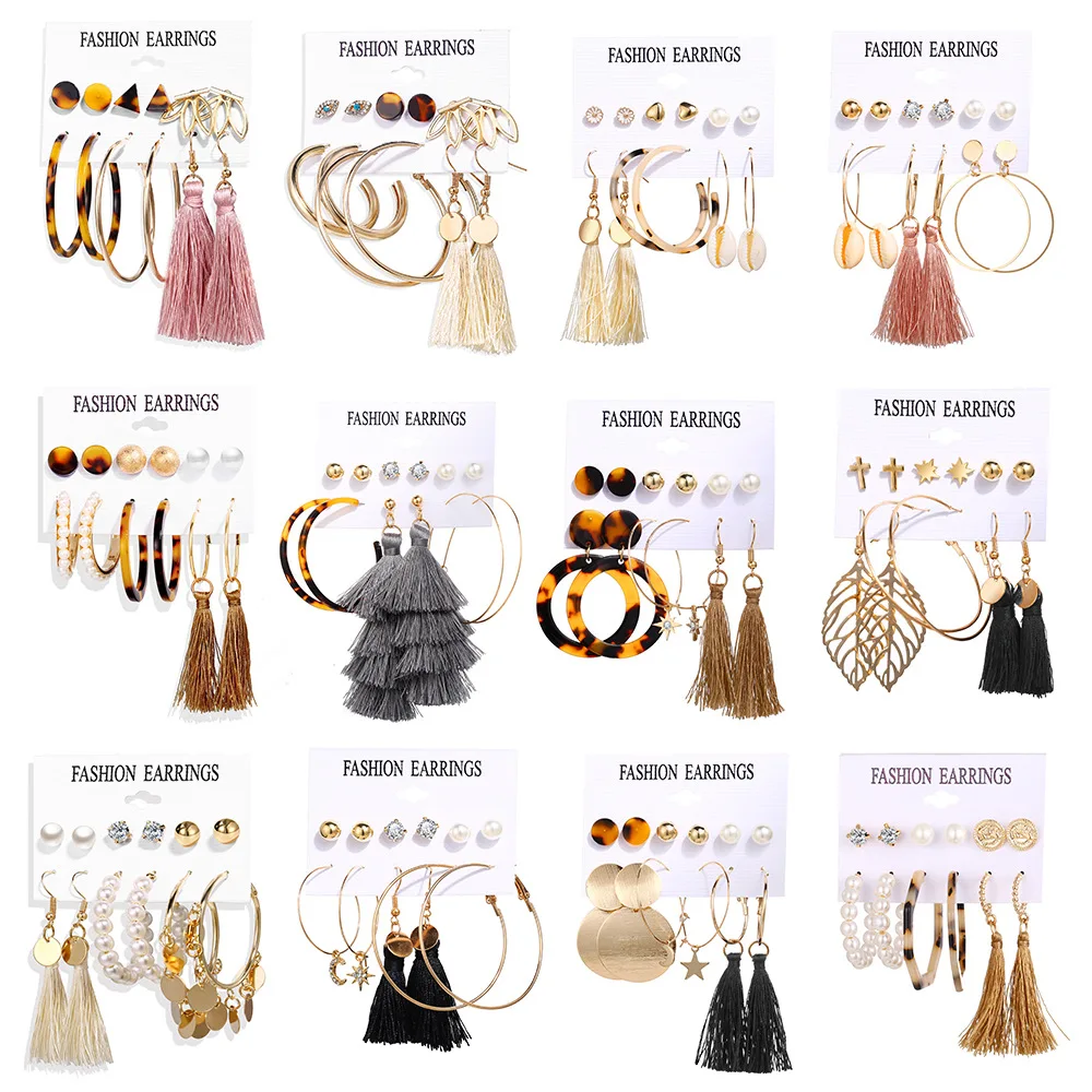 

6pcs/set Bohemian Tassel Acrylic Drop Earrings Set For Women Big Pearls Dangle Earring Brincos Female Fashion Jewelry