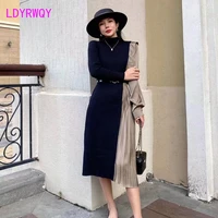 korean version of the new ruffled dress female temperament contrast color knitted stitching mid length dress
