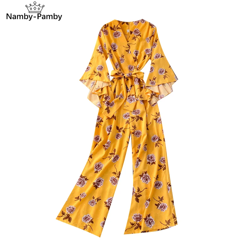 

Spring 2021 New Holiday Style Printed Jumpsuit Women's Fashion Irregular Flared Sleeve Slim Wide Leg Pants C206