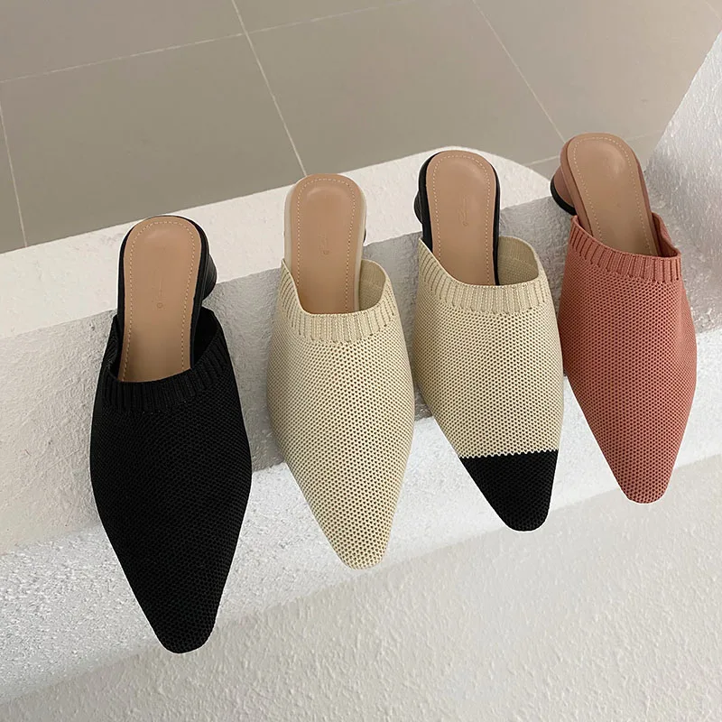 Модные женские тапочки с заостренным носком Вязаные мюли Повседневные круглым