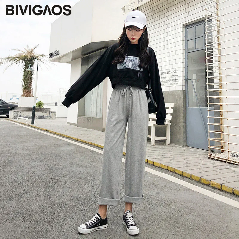 

BIVIGAOS Women New Long Sweatpants Gray Wide Leg Pants High Waist Drop Loose Straight Sweat Pants Women Trousers Spring Autumn