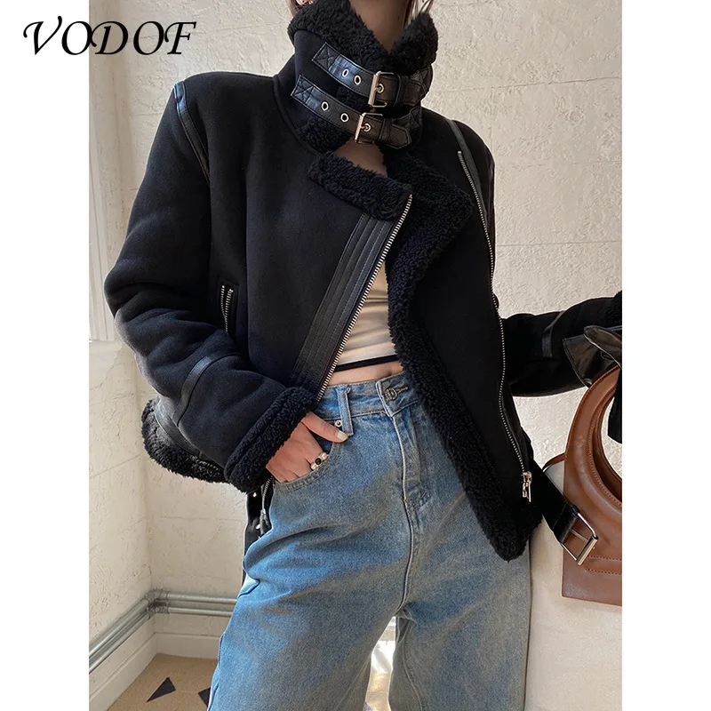 VODOF Faux Leather Lapel with Belt Thick Warm Women's Jacket Coat Vintage Fur Beige Oversized Zipper Tops Chic Female
