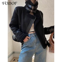 vodof faux leather lapel with belt thick warm womens jacket coat vintage fur beige oversized zipper tops chic female