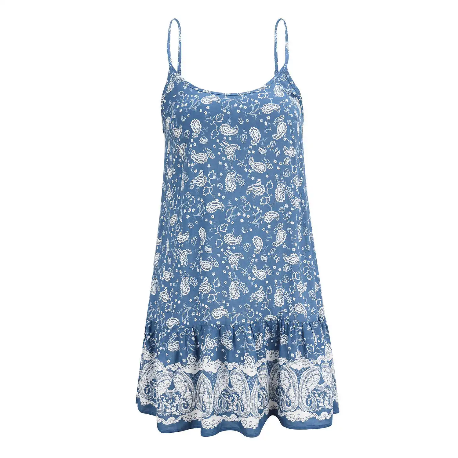 

2021 New Spring Summer Ladies Vacation Style Print Dress Spaghetti Strap Round Collar Loose Waist Women's Fashion Dress