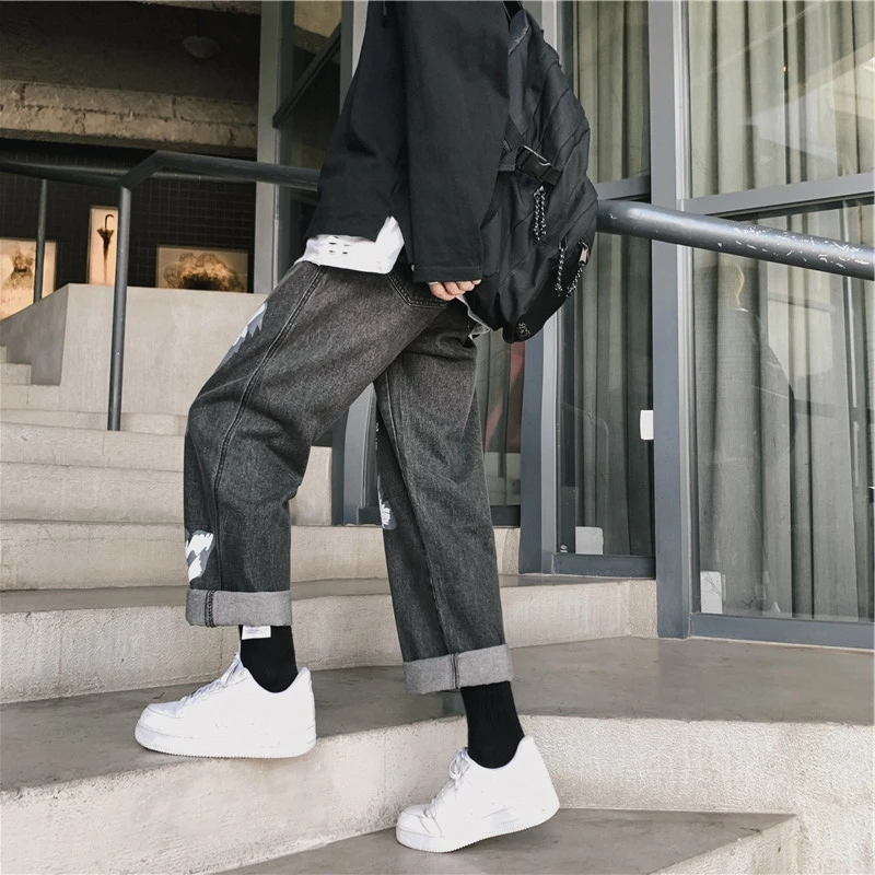 

2021 Men Butterfly Chain Print Jeans Straight Wide Leg Pants Harajuku Oversize Streetwear Loose Joggers women Baggy Trousers