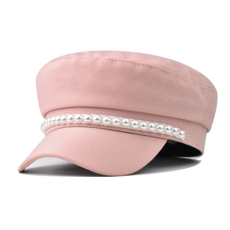 Женский однотонный демисезонный берет с цепочкой и жемчужинами | Аксессуары для