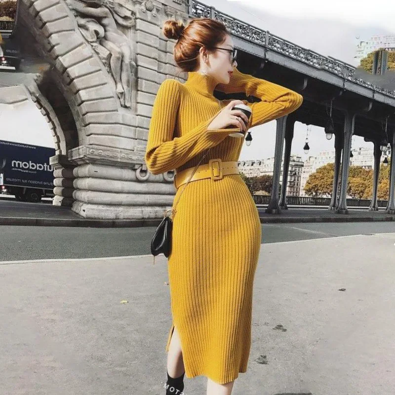 

Long Sleeve Half Turtleneck Sweater Dress Women Warm Bodycon Knit Midi Black Dress Belt Autumn Winter Vestidos Elegant Robe