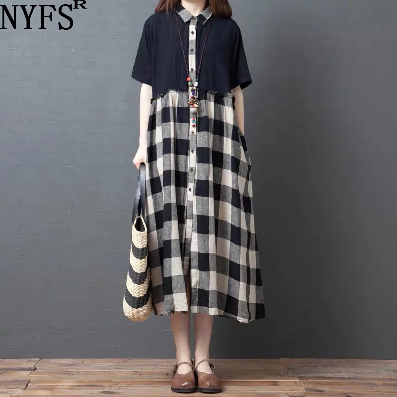 

NYFS Summer Dress 2021 New Vintage loose Shirt Dress Vestidos Robe Elbise Cotton Linen Plaid Woman Dress