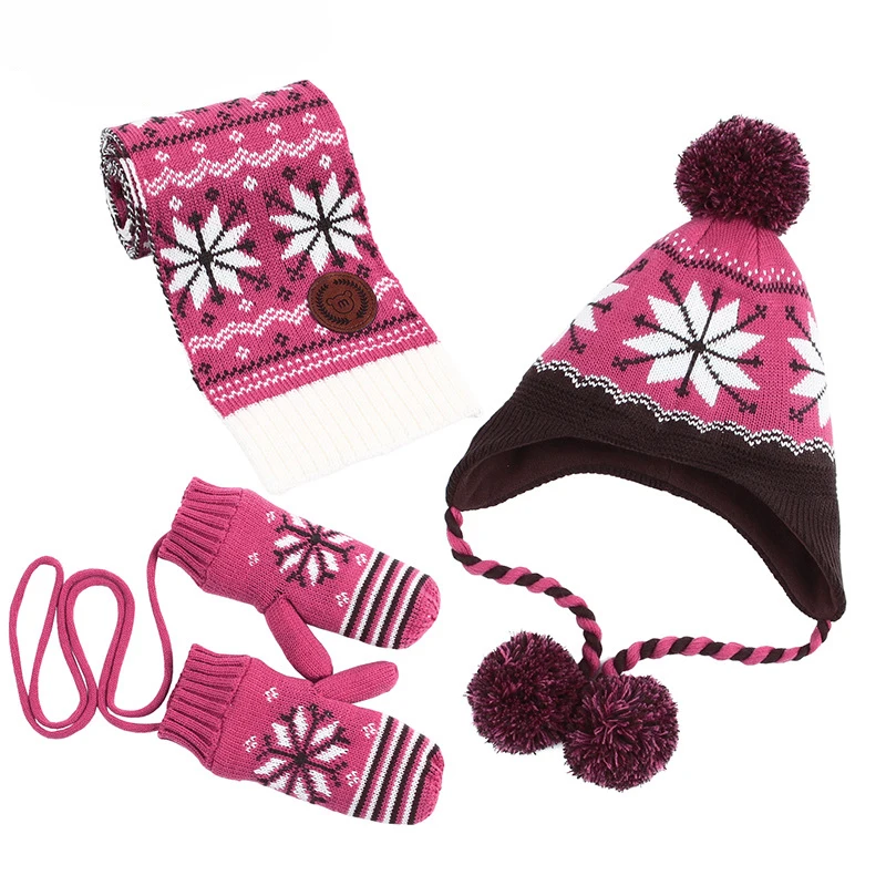 2019 new children's hat gloves scarf set winter warm boy girl snowflake baby pom ponytail Kids of 3 | Детская одежда и обувь