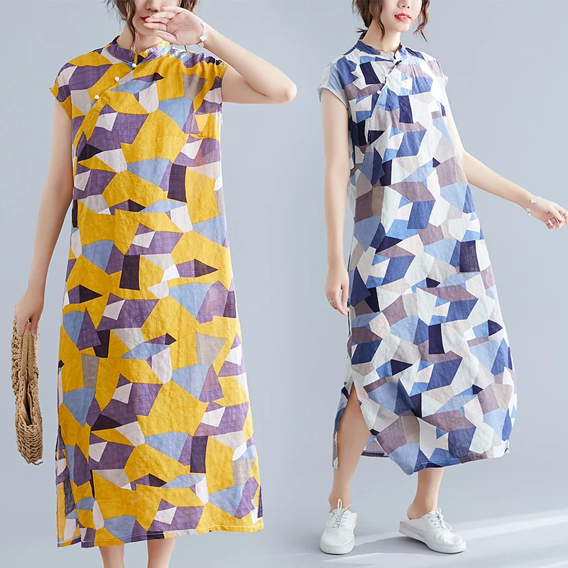 

Художественный ретро с геометрическим принтом хлопковое и льняное платье летней свободной большой Размеры для похудения темперамент Чонс...