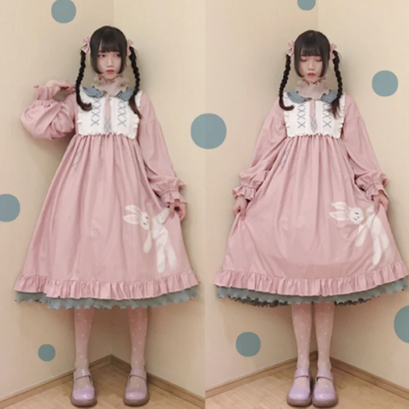 

Sweet lolita dress vintage peter pan collar lantern sleeve high waist victorian dress cute printing kawaii girl gothic lolita op