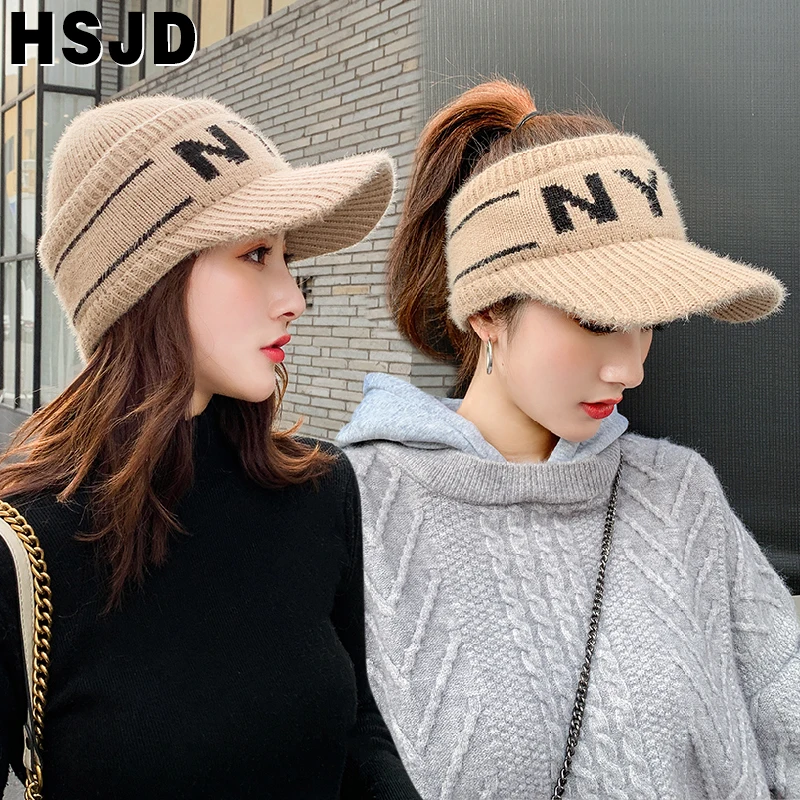 

Autumn Winter Hats For Women Rabbit Fur Knitted Ponytail Beanies Letter Sports Elastic Knitted Empty Top Hat Warm Skullies Hat