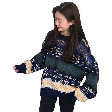 RUGOD Women 's Sweater Christmas O-neck Long Sleeve Vintage Loose Pullovers Casual Lady Fluffy 2019 Winter | Женская одежда