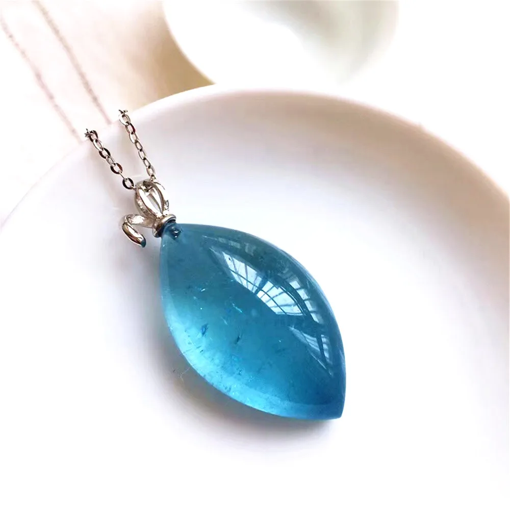 

Genuine Natural Ocean Blue Aquamarine Pendant Necklace Jewelry For Woman Man Crystal 30x18x10mm Beads Stone Silver Chain AAAAA