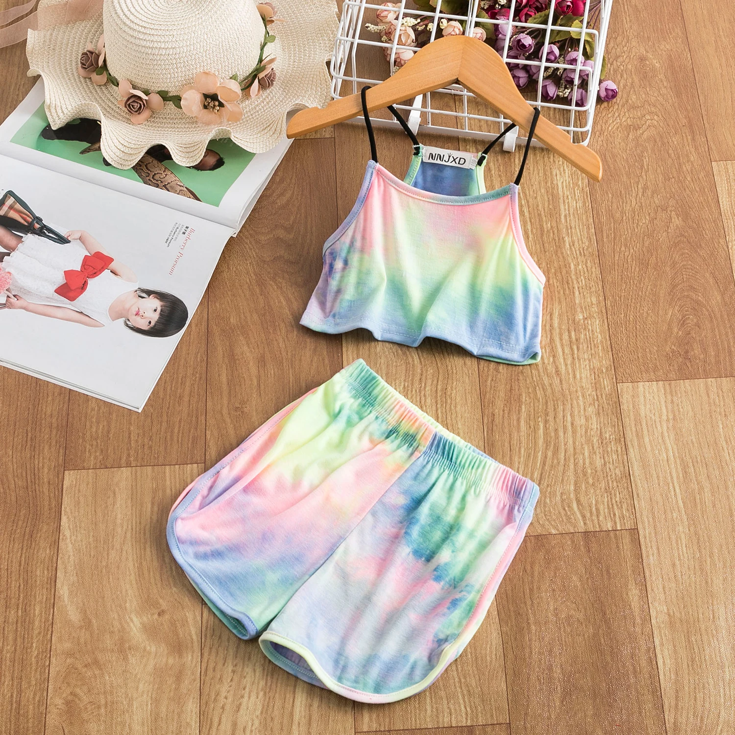 Summer Clothes Sets Baby Girl Set Sleeveless T-Shirts 2-6Y Kids Girl Sling Tie-Dye Tops+Short Pants Tracksuits Children Clothes