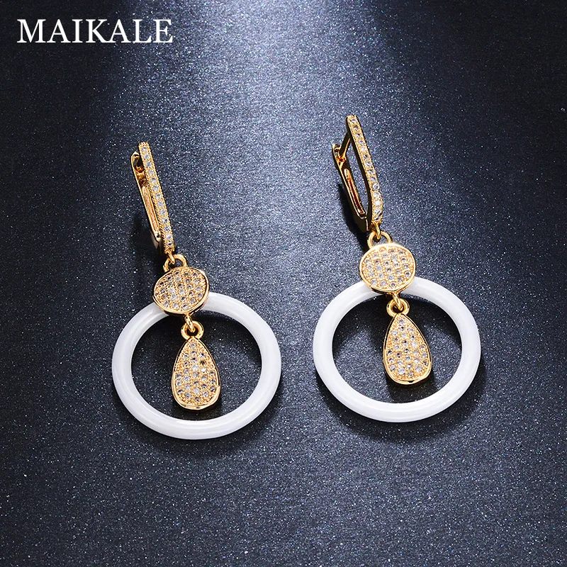 Женские серьги подвески MAIKALE круглые керамические с кубическим цирконием и