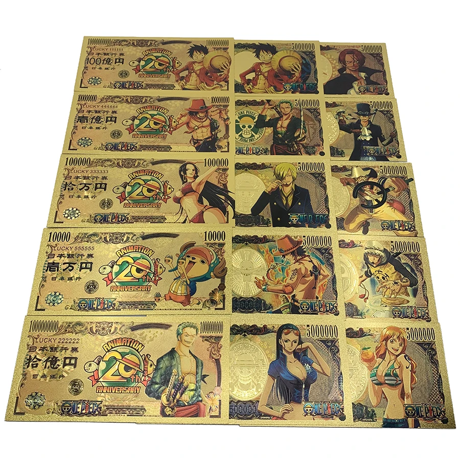 

10pcs/set Lucky One-Piece Anime blanknote Roronoa Zoro plastic Golden Banknote Collection fake mondy for holder