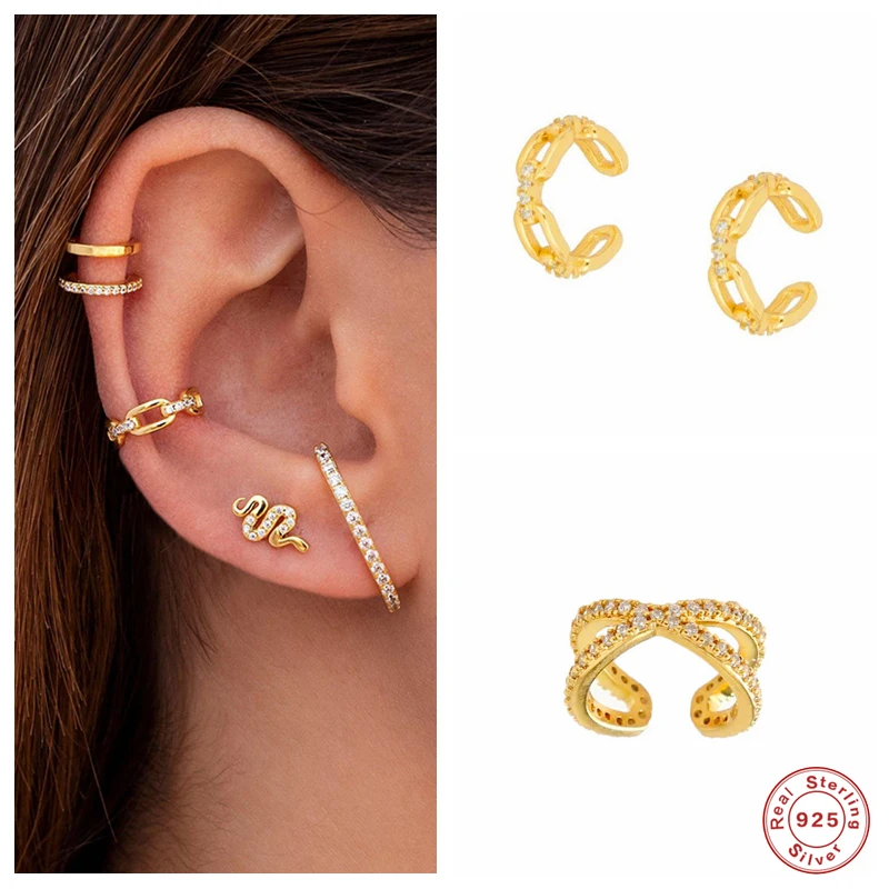 GS 925 стерлингового серебра обычная цепь Кафф для женщин Роскошные Earcuff замок не