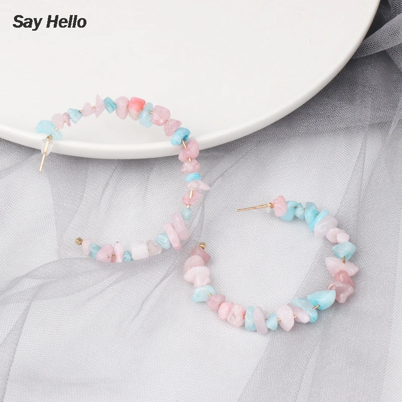 SAY HELLO Women's Bohemian Geometric Stone Beaded Hoop Earrings Female Oversize Circle Pink Brinco F0238 | Украшения и