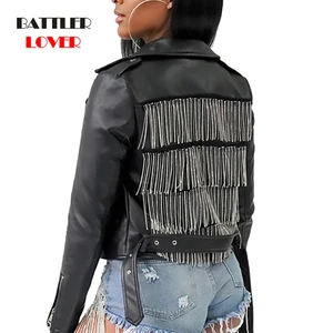 Fringe Coat PU Leather Cropped Jacket with Belt 2020 Spring Women Long Sleeve Zipper Tassel Basic Steampunk Jacket Streetwear