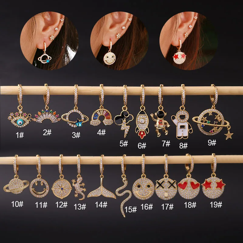 

1PC Rainbow CZ Universe Cartilage Piercing Hoop Earring for Women Astronaut Pendent Ear Buckle Drop Dangel Earring Jewelry
