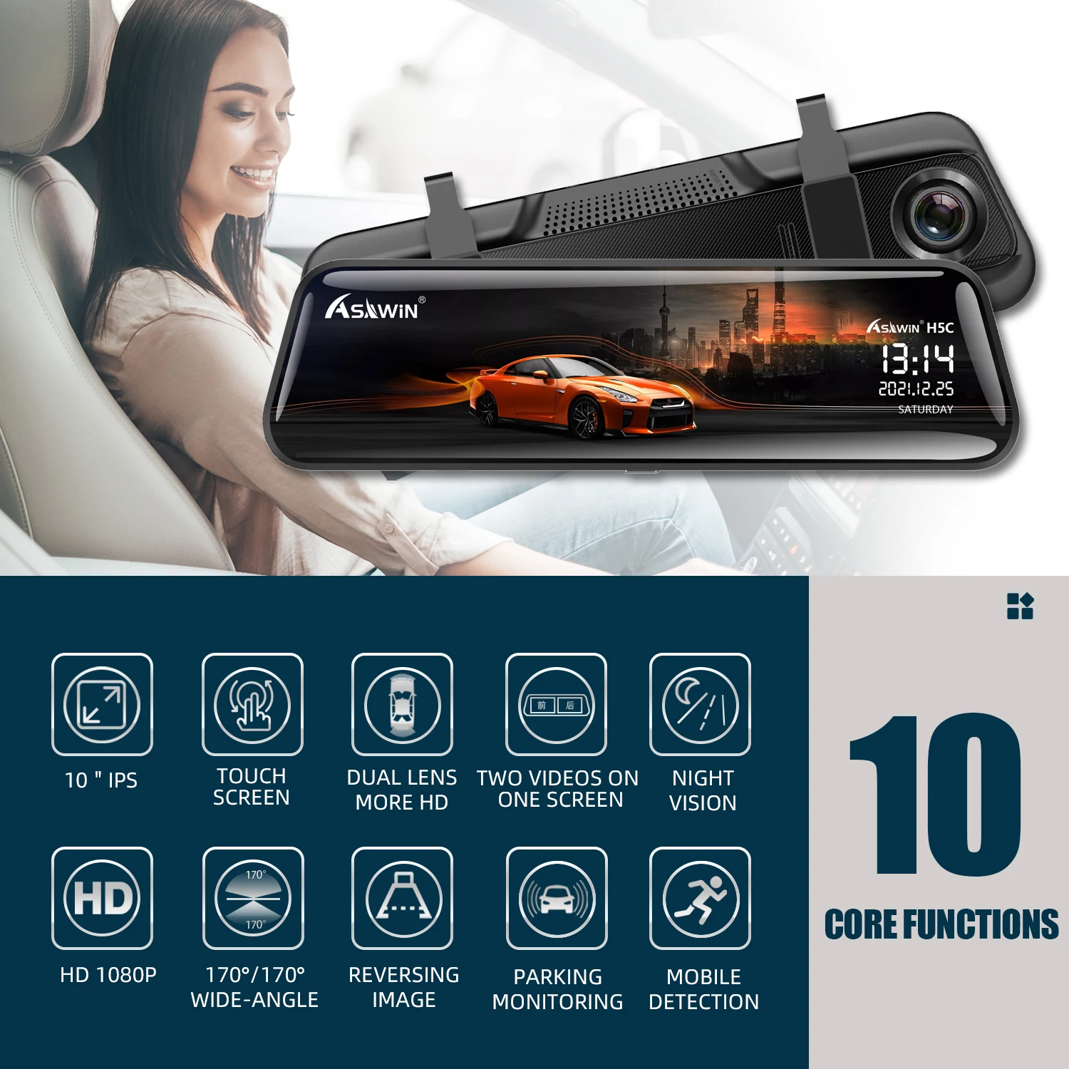 $83.88 Asawin H5C 1080P 10 Inch Mirror Dashcam  Dual Lens Car DVR Touch IPS RearView  Car Camera  Video Recorder Support Rear View Lens