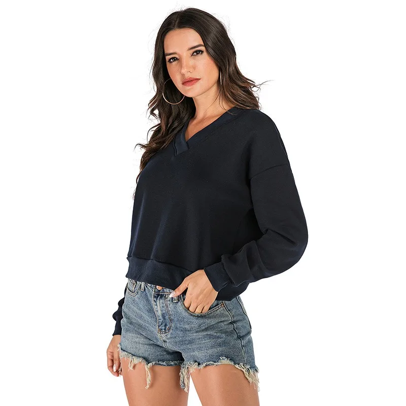 

Winter Women Thick Hoodies Black V-Necked Long Sleeved StreetWear Velvet Female Girl's PulloVers Hooded Shirt