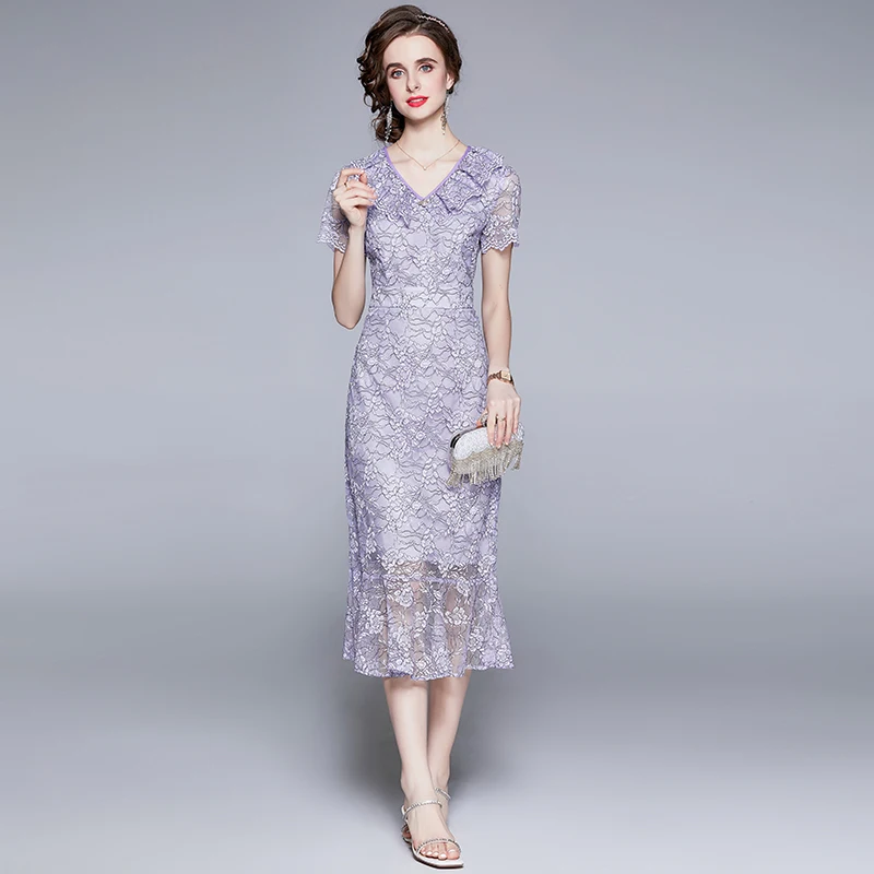 

Summer Purple Lace Embroidered Flowers Mermaid Dress Princess Short Sleeve V Neck Ruffles Vacation Cocktail Party Vestidos 6807